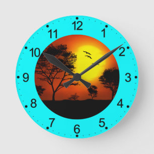 Sunset Trees Silhouette Design Round Clock