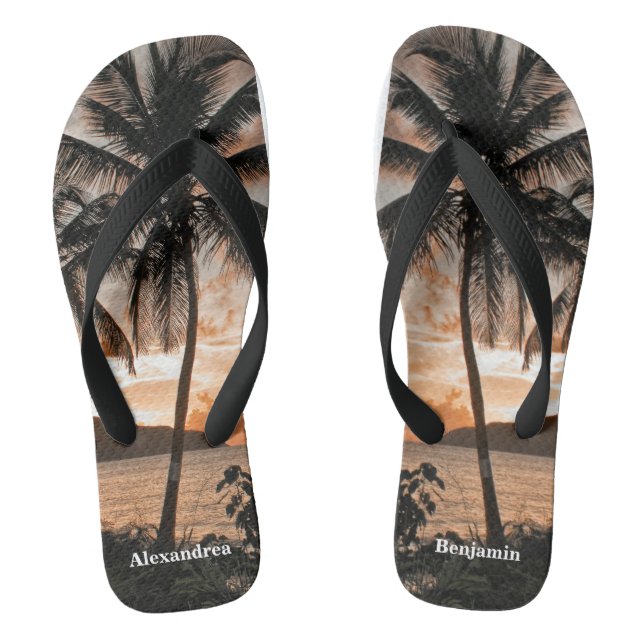 Sunset Tropical Beach Palm Trees Personalise  Flip Flops (Footbed)