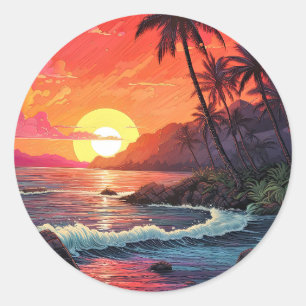 Sunset Tropical Beach Paradise Island  Classic Round Sticker