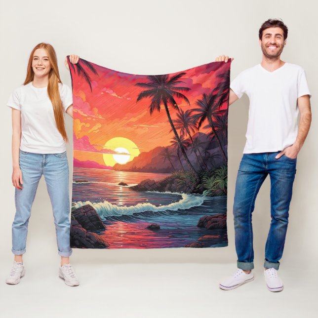 Sunset Tropical Beach Paradise Island  Fleece Blanket (In Situ)