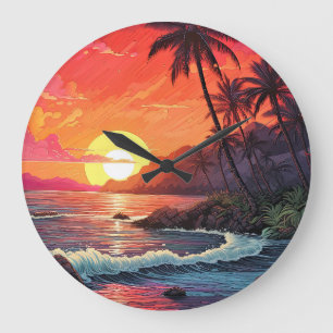 Sunset Tropical Beach Paradise Island  Large Clock