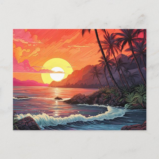 Sunset Tropical Beach Paradise Island  Postcard (Front)