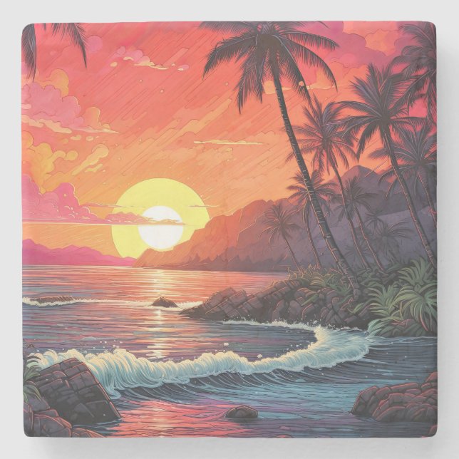 Sunset Tropical Beach Paradise Island  Stone Coaster (Front)