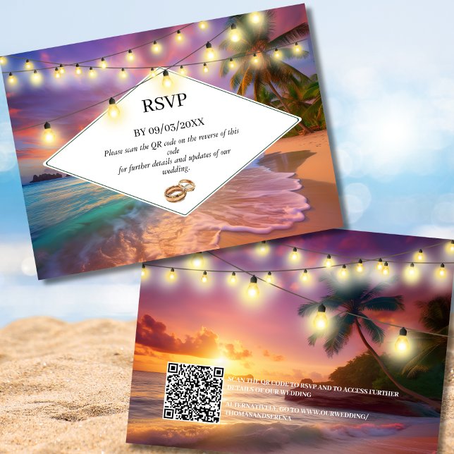 Sunset Tropical Beach QR Code RSVP Wedding  Card (Creator Uploaded)