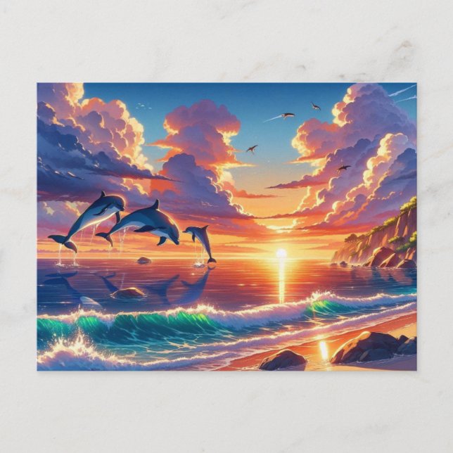 Sunset Tropical Island Dolphin Flight Painting Postcard (Front)