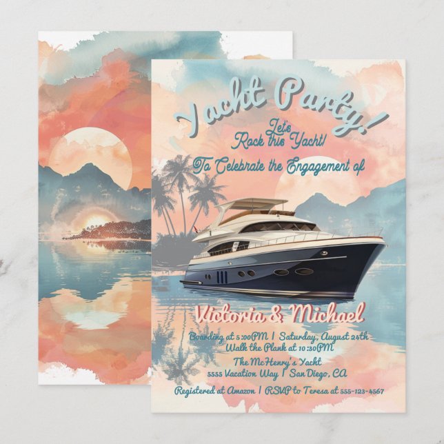 Sunset Tropical Rock Yacht Boat Party  Invitation (Front/Back)
