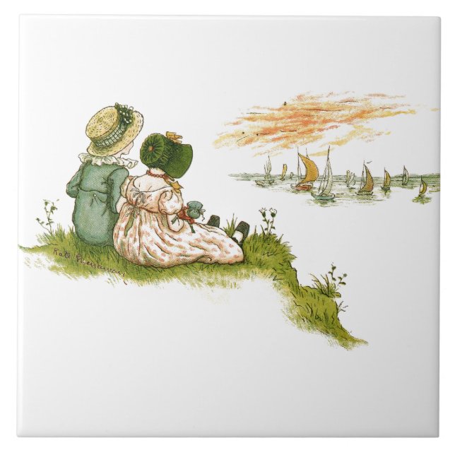 Sunset Two Girls Boats Kate Greenaway   Tile (Front)