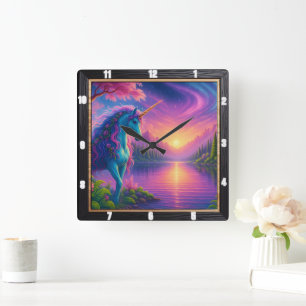 Sunset Unicorn Lake Forest Square Wall Clock