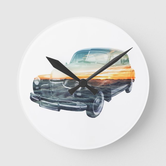 sunset vehicle double exposure round clock (Front)