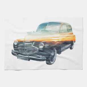 sunset vehicle double exposure tea towel