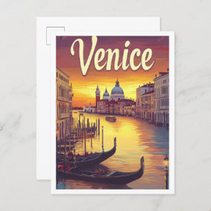 Sunset Venice Italy Vintage Travel Illustration Postcard