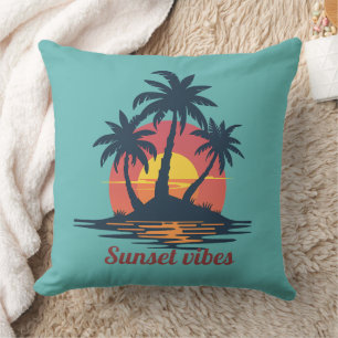 Sunset Vibes Tropical Palm Trees Beach Sea-Blue Th Cushion