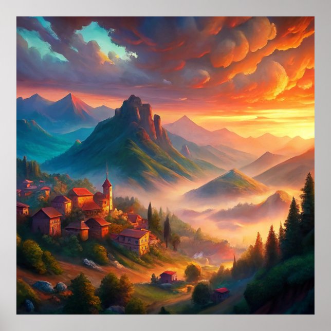 Sunset Village in the Mountains,Bohemian Landscape Poster (Front)