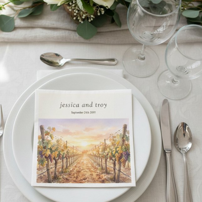 Sunset Vineyard Watercolor Grapes Wedding Napkin (Wedding Napkins from the Sunset Vineyard wedding collection by Darling & May)