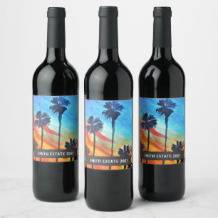 sunset watercolor art wine label