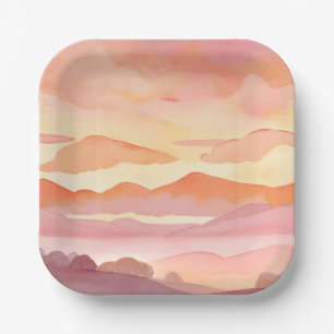 Sunset Watercolor Hills Orange Hue Sky Painting Paper Plate