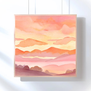 Sunset Watercolor Hills Orange Hue Sky Painting Poster