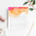 Sunset Watercolor Personalised To-Do List Notepad<br><div class="desc">Stay motivated and on-task with this chic personalised to-do list note pad featuring "get it done" and your name at the top in white lettering on a colourful sunset ombre watercolor background. With 10 checkboxes and a cool lined design, this custom notepad makes it easy for you to stay on...</div>