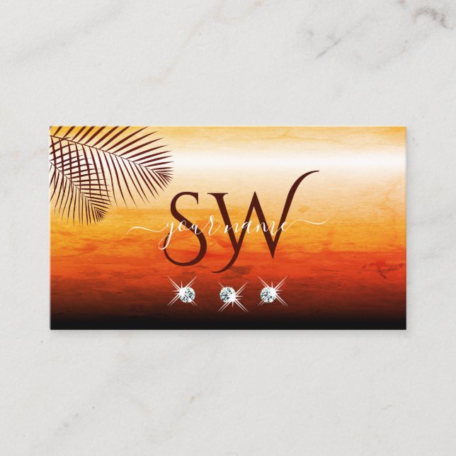 Sunset Watercolors Palm Leaves Diamonds Monogram Business Card (Front)