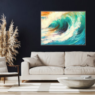 Sunset Wave Bold Ocean Art Teal and Burnt Orange Canvas Print