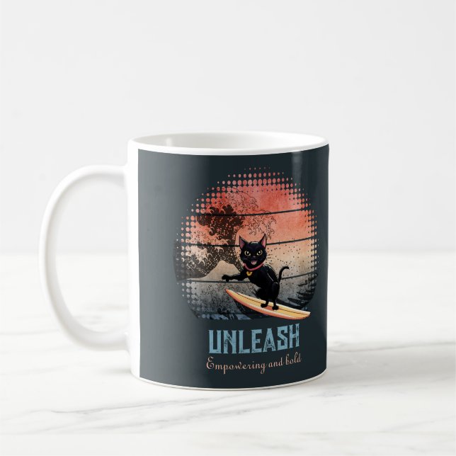 Sunset Wave-Riding Cat Coffee Mug (Left)