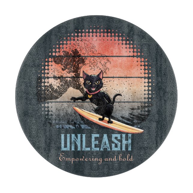Sunset Wave-Riding Cat Cutting Board (Front)