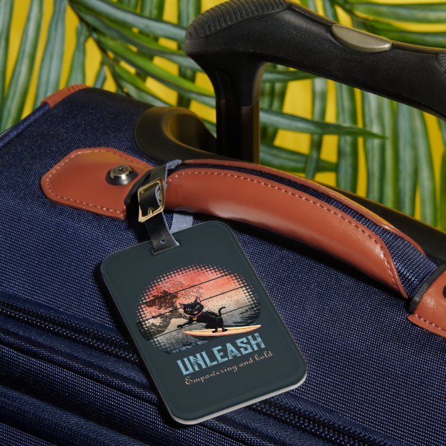 Sunset Wave-Riding Cat Luggage Tag (Front Insitu 1)