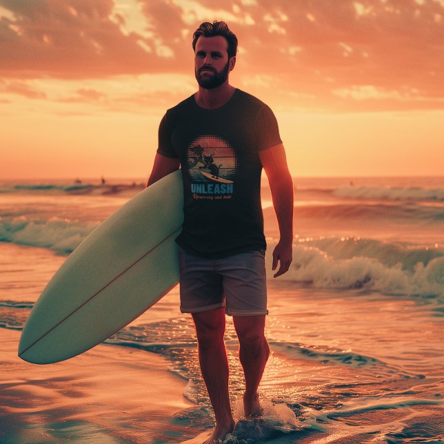 Sunset Wave-Riding Cat T-Shirt (A man is wearing a Sunset Wave-Riding Cat T-shirt.)