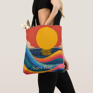 Sunset Waves Abstract Bauhaus Custom Name Tote Bag
