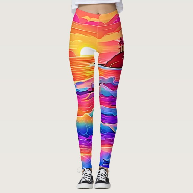 Sunset Waves: Vivid Coastal Dream Leggings (Front)