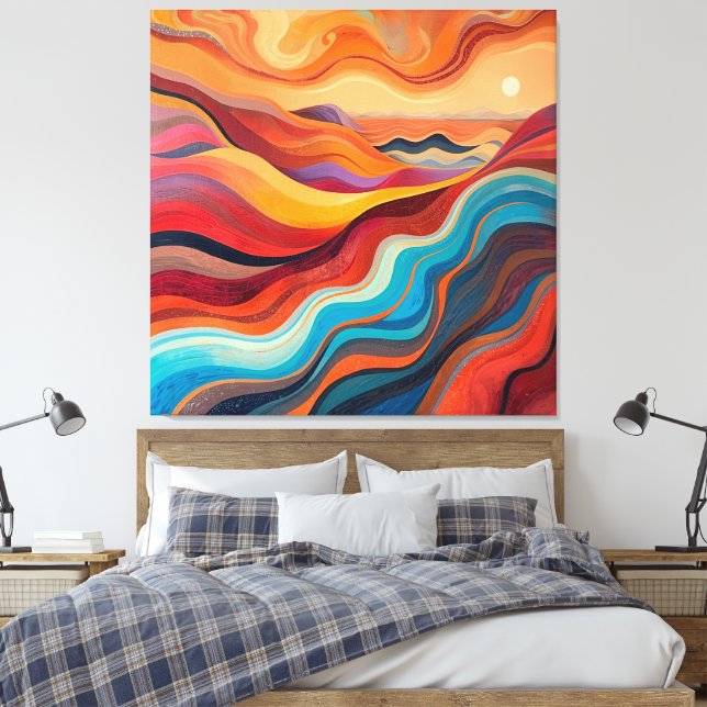 Sunset Waves – Warm Vibrant Abstract Landscape Pai Canvas Print (Insitu(Bedroom))