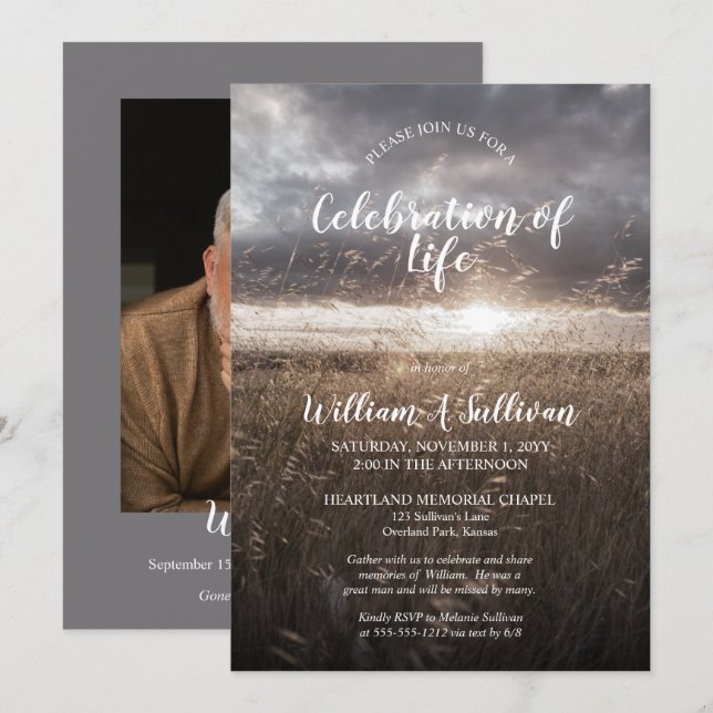 Sunset Wheat Field Photo Celebration of Life Invitation (Front/Back)
