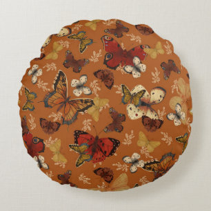 Sunset Wings Orange Butterfly Pattern Round Cushion