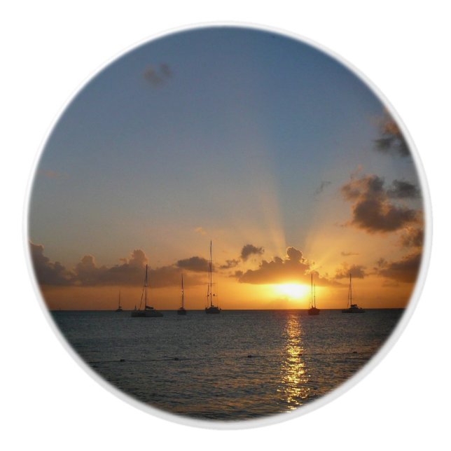 Sunset with Sailboats Tropical Landscape Photo Ceramic Knob (Front)