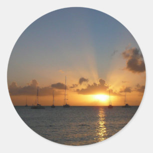 Sunset with Sailboats Tropical Landscape Photo Classic Round Sticker