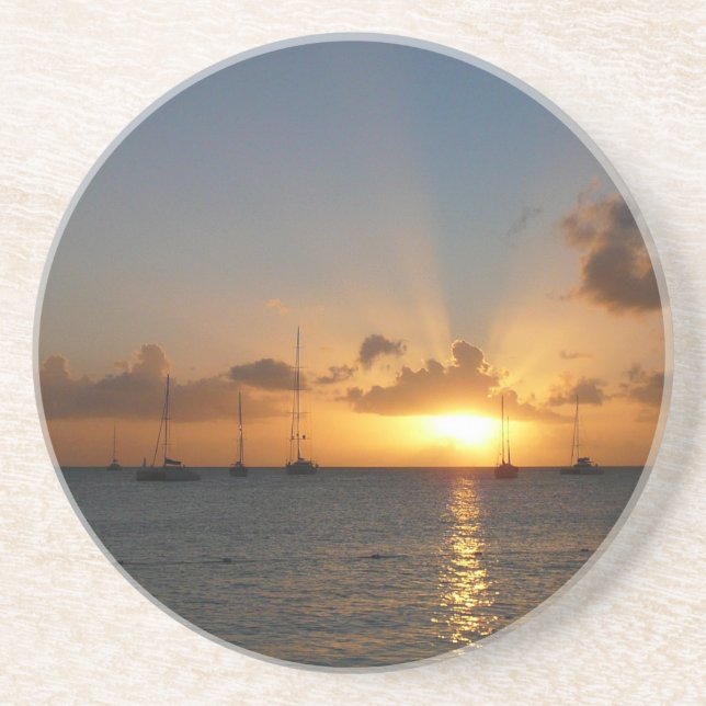 Sunset with Sailboats Tropical Landscape Photo Coaster (Front)