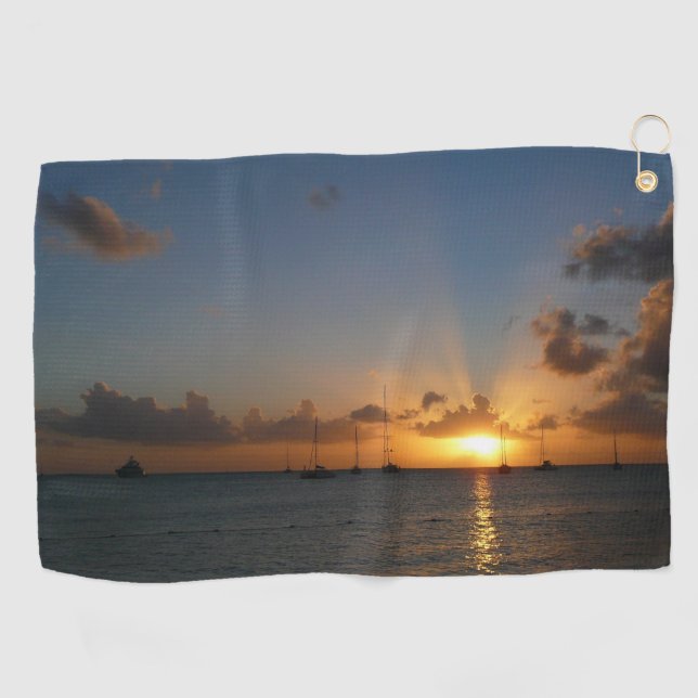 Sunset with Sailboats Tropical Landscape Photo Golf Towel (Horizontal)