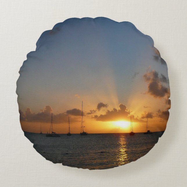 Sunset with Sailboats Tropical Landscape Photo Round Cushion (Front)