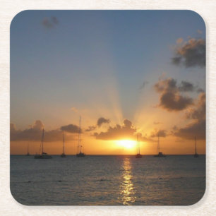 Sunset with Sailboats Tropical Landscape Photo Square Paper Coaster