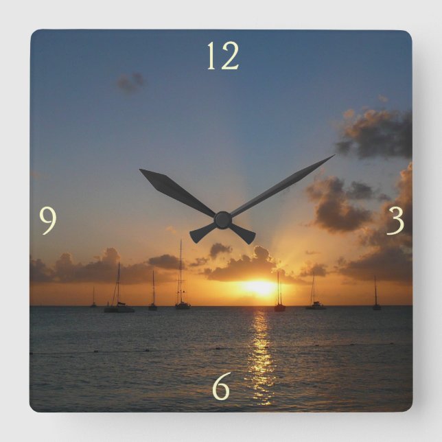 Sunset with Sailboats Tropical Landscape Photo Square Wall Clock (Front)