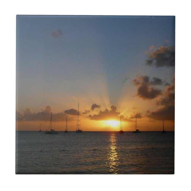 Sunset with Sailboats Tropical Landscape Photo Tile (Front)