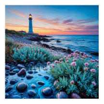 Sunset with Vibrant Flowers and Smooth Stones
