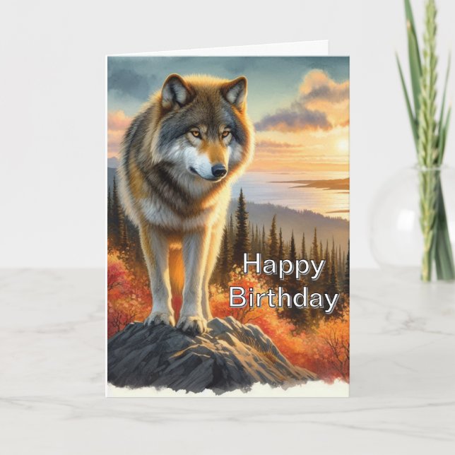 Sunset with Wolf Mens Happy  Birthday  Card (Front)