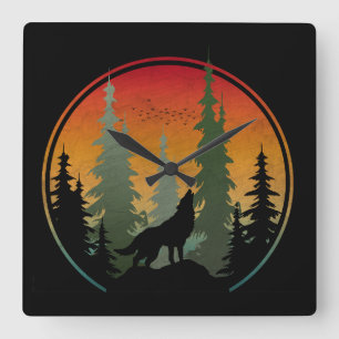 Sunset Wolf Nature Scenery Square Wall Clock