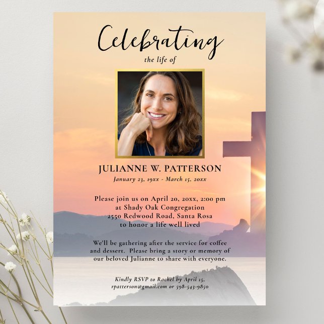 Sunset Wooden Cross Celebration of Life Photo Invitation (Creator Uploaded)