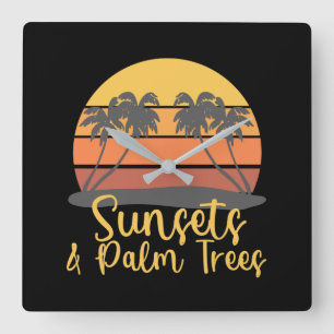 Sunsets and Palm Trees Vintage Retro Sunset Summer Square Wall Clock
