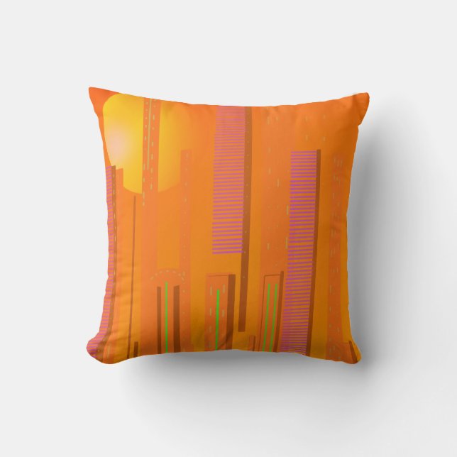 sunsets over a cyberpunk futuristic city cushion (Front)