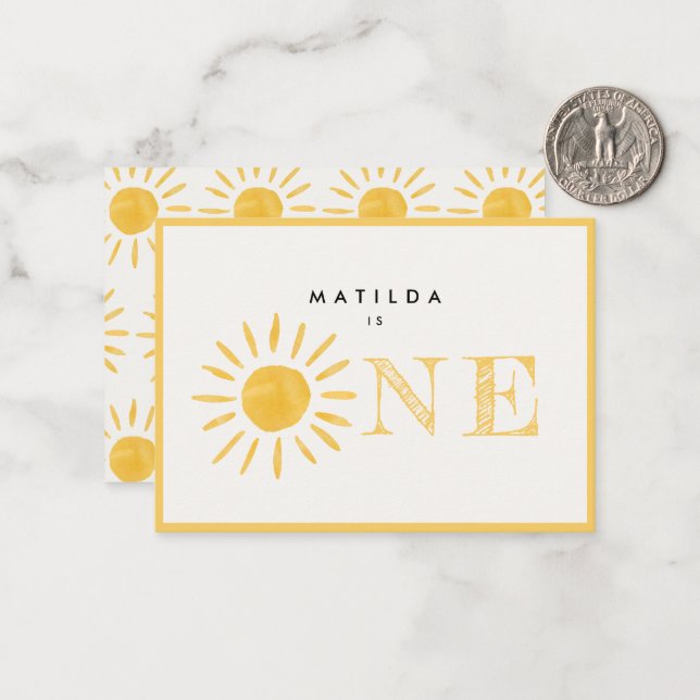 sunshine 1st birthday sun yellow thank you card (Front/Back In Situ)