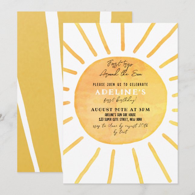 Sunshine 1st Birthday Watercolor Around the Sun Invitation (Front/Back)