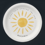 sunshine 1st birthday watercolor sun  paper plate<br><div class="desc">Sunshine 1st birthday watercolor sun yellow modern elegant multi photo birthday design</div>